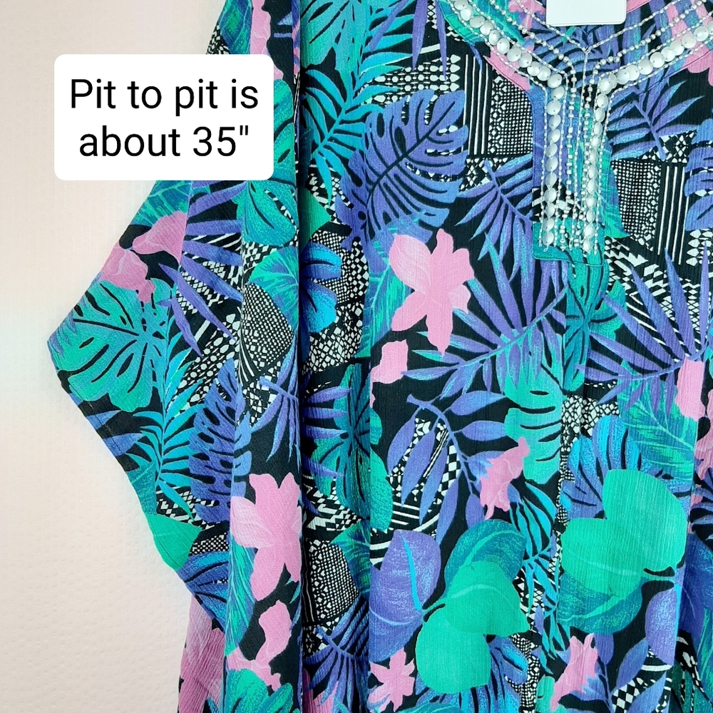 Jeweled Caftan Beach Cover Up Tropical Flora… - Picture 3 of 12